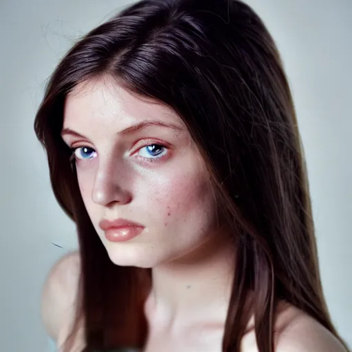 Prompt: Portrait of a beautiful young pale brunette woman with blue eyes, photoshoot, 30mm, Taken with a Pentax1000, studio lighting