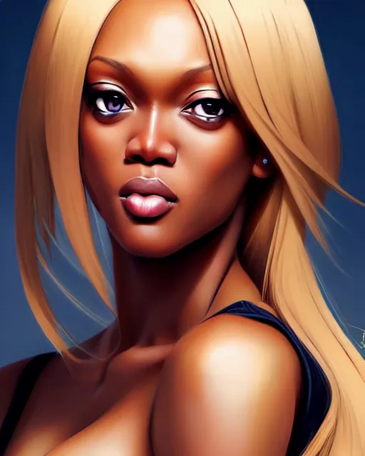 Image similar to portrait of Tyra Banks as Anime girl cute-fine-face, blonde hair, full body! pretty face, realistic shaded Perfect face, fine details. Anime. realistic shaded lighting by Ilya Kuvshinov Giuseppe Dangelico Pino and Michael Garmash and Rob Rey