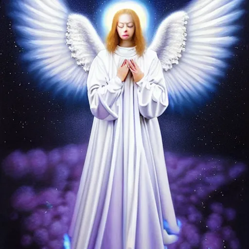 Prompt: beautiful high details hyper realistic painting of white angel in the hood coming from space with giant ball of miracle light from the chest!!!!!, 4 k hd face!!!, fashion face, no gender, giant silver holographic wings, by jan van eyck, holography space, white sparkles everywhere, thin strokes, high textures, silver background