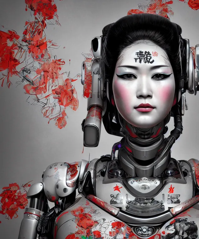 Image similar to an epic fantastic realism comic book style portrait painting of a japanese robotic geisha with kanji tattoos and decals, apex legends, octane render, intricate detail, 4 k hd, unreal engine 5, ex machina, irobot