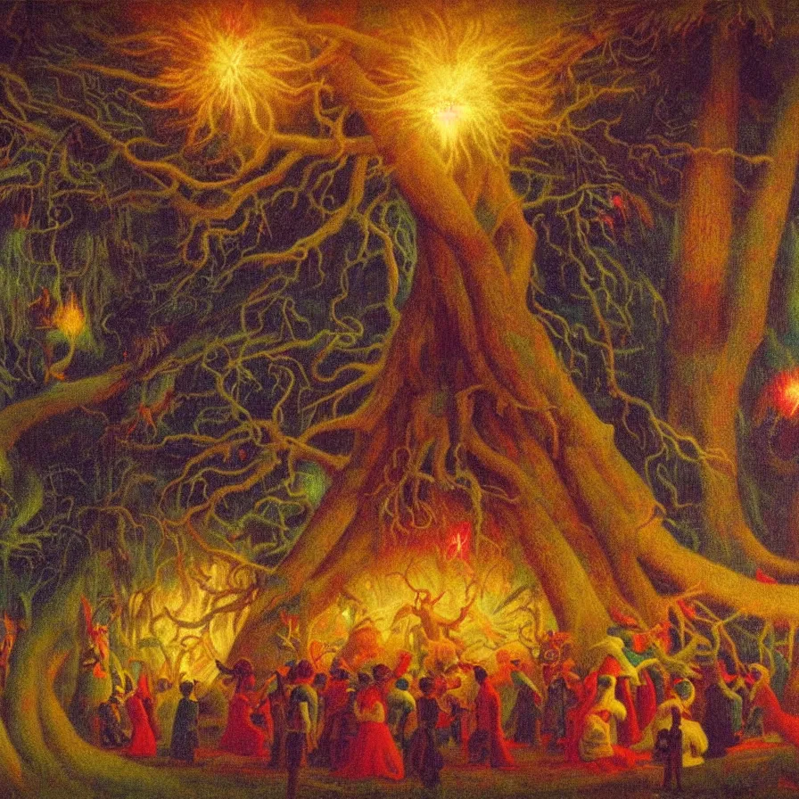 Image similar to closeup of a night carnival inside a tree cavity in a magical forest in the middle of a summer storm, with a music scenario with many fireworks and christmas lights, volumetric lightning, instense god rays in the sky, folklore people disguised with fantastic creatures in a magical forest by summer night, masterpiece painted by alphonse osbert, very coherent and colorful high contrast masterpiece,