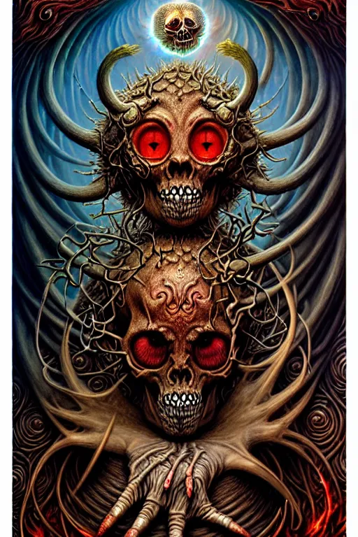 Image similar to A beautiful detailed grotesque monster super cute tarot card, by tomasz alen kopera and Justin Gerard, symmetrical features, ominous, magical realism, texture, intricate, ornate, royally decorated, skull, skeleton, whirling smoke, embers, red adornements, red torn fabric, radiant colors, fantasy, trending on artstation, volumetric lighting, micro details, 3d sculpture, ray tracing, 8k, anaglyph effect