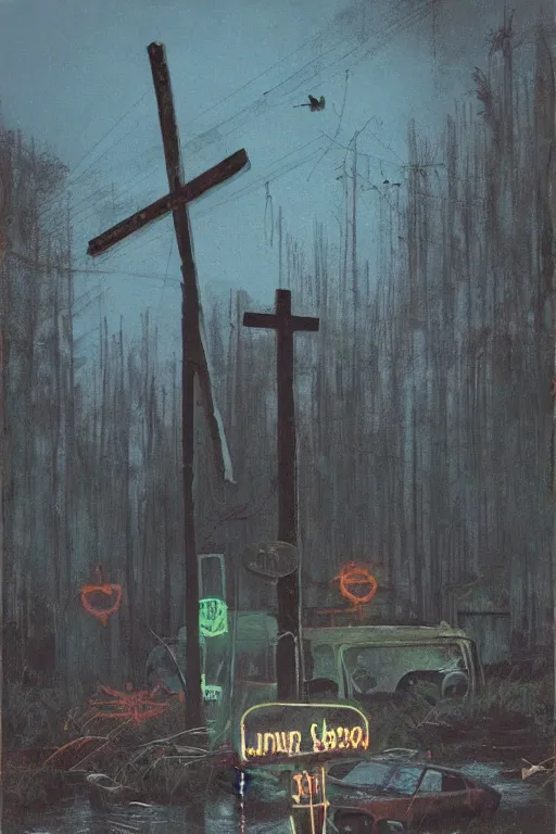 Image similar to scene fromlouisiana swamps, old protestant church with neon cross, junkyard by the road, boy scout troop, voodoo artwork by tim eitel