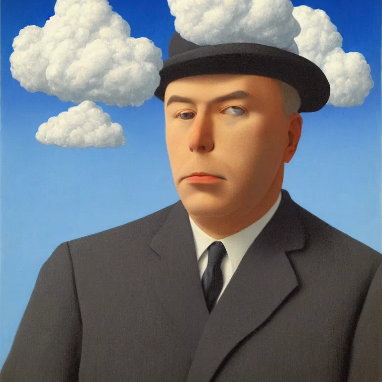 Image similar to portrait of a man in a suit, his head is a cloud, by rene magritte, detailed painting, hd, hq, high resolution, high detail, 4 k, 8 k