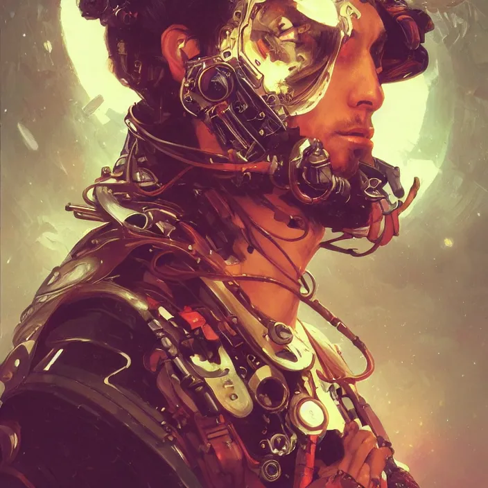 Image similar to a head and shoulders portrait of a space pirate, neon, retro, steampunk, smooth, sharp focus, intricate, artstation, detailed concept art by Caravaggio and Greg rutkowski and Sachin Teng and Thomas Kindkade and Alphonse Mucha and Norman Rockwell and Tom Bagshaw