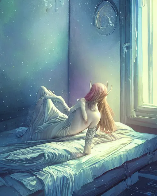 Image similar to beautiful painting of a elven sleeping on a bedroom, poster art by mor than, cgsociety, space art, sci - fi, cosmic horror, sense of awe, art by mike winkelmann, sky night, illustration, highly detailed, simple, smooth and clean vector curves, no jagged lines, vector art, smooth, artstation