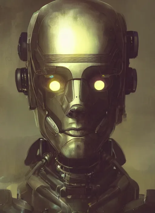 Image similar to handsome man half covered face with cybernetic enhancements as seen from a distance, scifi character portrait by greg rutkowski, esuthio, craig mullins, 1 / 4 headshot, cinematic lighting, dystopian scifi gear, gloomy, profile picture, mechanical, half robot, implants, solarpunk