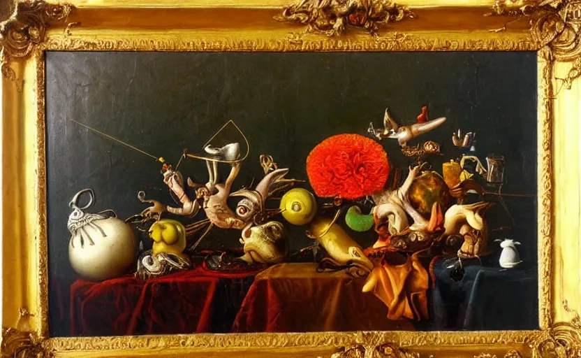 Image similar to disturbing colorful oil painting dutch golden age vanitas still life with bizarre objects strange gooey surfaces shiny metal bizarre insects rachel ruysch dali todd schorr very detailed perfect composition rule of thirds masterpiece