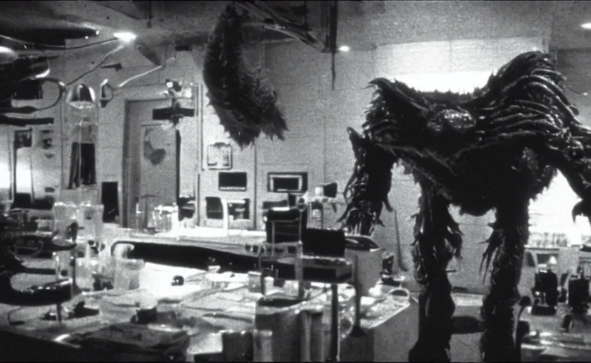 Prompt: monster from john carpenter's the thing, movie still, laboratory, menacing atmosphere, vhs