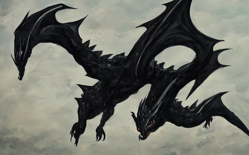 Prompt: “a painting of a singular large black dragon in flight”