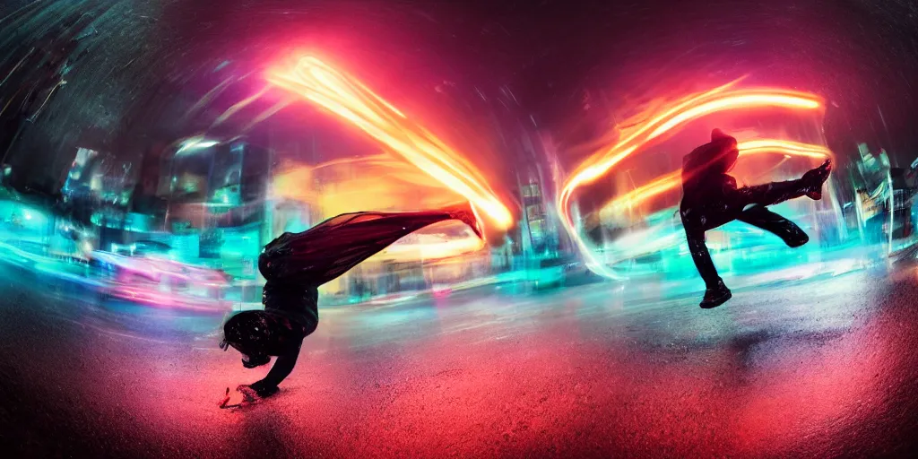 Image similar to fisheye lens slow motion with trail effect of futuristic break dancer wearing floating long dress with neon lights, long exposure shot , at night in the middle of a rainy wet street, paddle of water, steam, fog, water splashes, rim lights, glossy reflections, water droplets on lens, octane render, dark and dramatic, fire explosions in the background, detailed and soft, fisheye lens, smooth, sharp focus, illustration, art by artgerm and greg rutkowski and Annie Leibovitz, graphic glitches