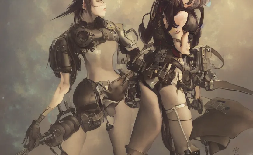 Image similar to mechanized witch girl, anime style, airforce gear, vintage clothing, human anatomy, short hair, hair down, symmetrical facial features, from arknights, hyper realistic, 4 k, rule of thirds, extreme detail, detailed drawing, trending artstation, hd, d & d, realistic lighting, by alphonse mucha, greg rutkowski