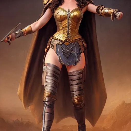 Image similar to highly detailed steampunk gal gadot standing, cape, staff : leonardo da vinci, greg rutkowski, magali villeneuve