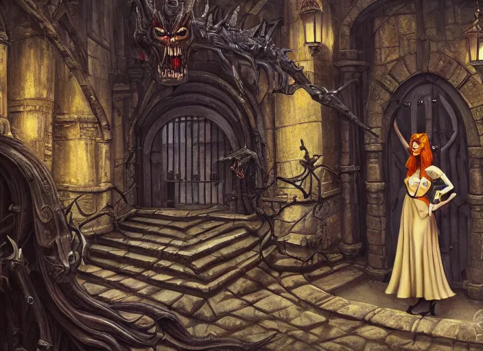 Image similar to a grotesque courtyard with gates and a beautiful witch queen poses with her evil mechanical beast, detailed 4 k painting, dramatic cold light, style of gerald brom