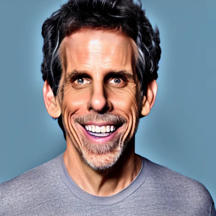 Prompt: portrait of ben stiller, smiling towards the camera. getting 5 years younger. detailed, 4 k, morning hour.