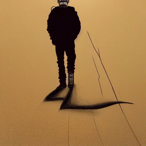 Prompt: detailed intricate digital illustration by greg rutkowski and artgerm and wlop and sanford robinson gifford ; old man wearing stylish yeezy inspired outfit and sunglasses, walking on sand dunes that cover what was once new york city ; 1 3 mm film, arri alfa anamorphic lens ; sharp focus ; trending on artstation 8 k close view