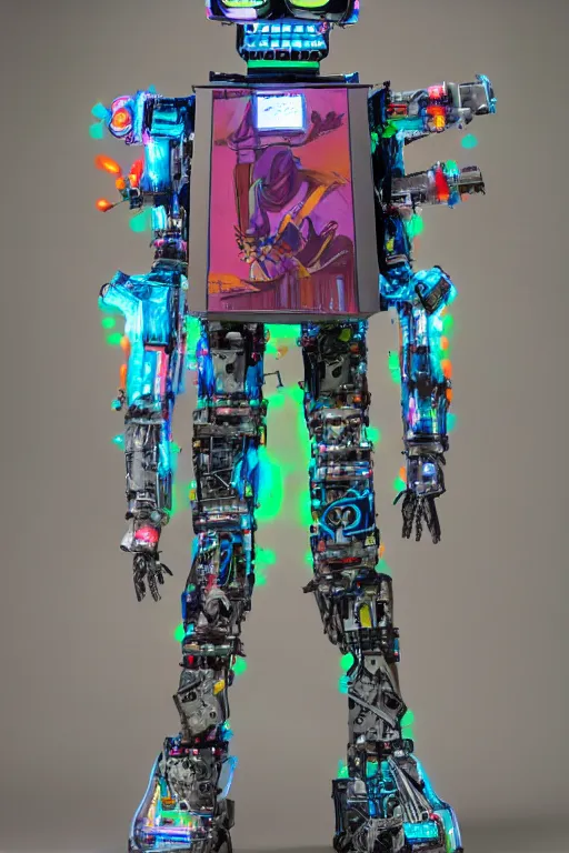 Prompt: a massive robot wearing a diy! costume, with fluo colored details, muted colors, vivienne westwood, nausicaa, hyper real painting