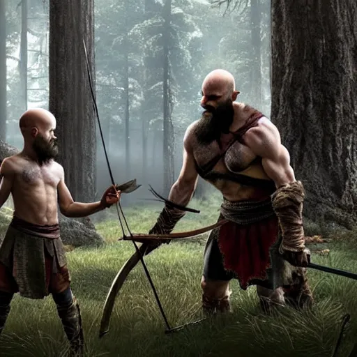 Prompt: kratos teaching atreus how to hunt deer with a bow in a forest, stunning 3 d render inspired art by greg rutkowski and xiang duan and thomas eakes, perfect facial symmetry, flesh texture, realistic, highly detailed attributes and atmosphere, dim volumetric cinematic lighting, 8 k octane detailed render, post - processing, masterpiece, rtx on, rendering on unreal engine