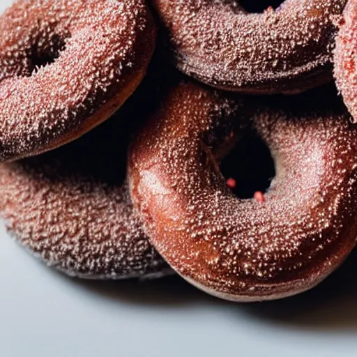 Prompt: Up close macro shot of the weirdest looking donuts on earth, award winning photo, studio lighting, AK