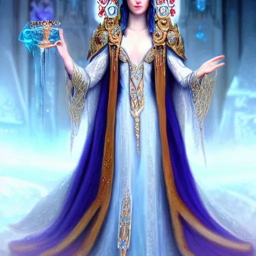 Prompt: beautiful ice queen in ornate robes, highly detailed, 8 k, hdr, award - winning, trending on artstation, anne stokes, photorealistic