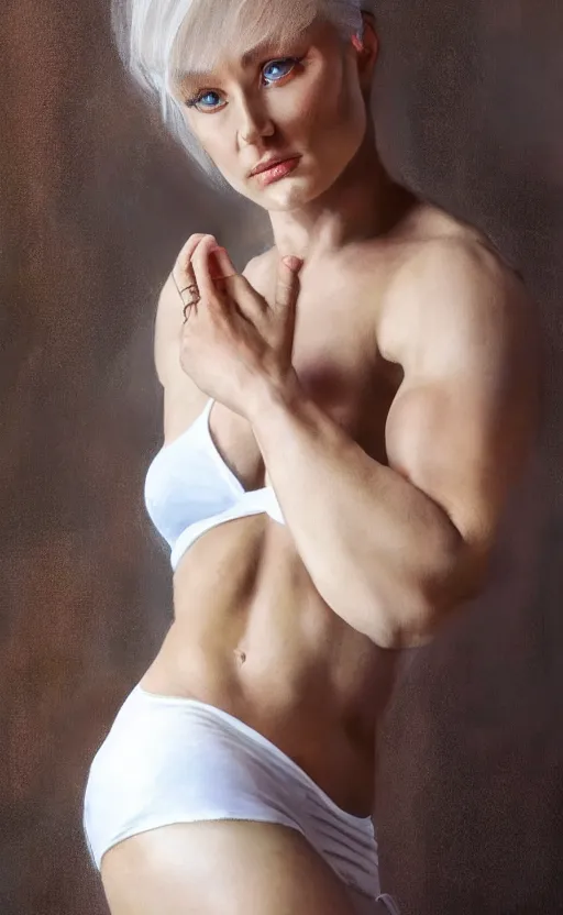 Image similar to realistic colorful photo portreit of extremely beautiful bodybuilder woman posing in white peignoir, full leight, ultra rendered extreme realism and detail, 8 k, highly detailed, realistic, photorealistic,