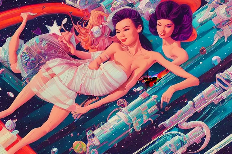 Image similar to supermodel pillow fight in space, tristan eaton, victo ngai, artgerm, rhads, ross draws