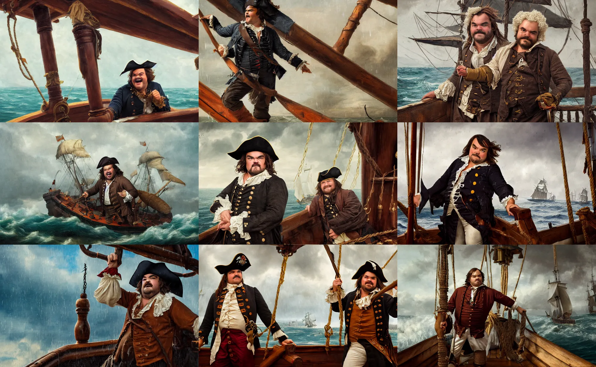 Prompt: cinematic artwork of jack black as an 1 8 th century pirate on a ship by greg rutowski, 4 k, masterpiece, raining