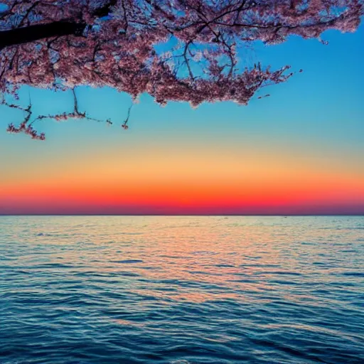 Image similar to a small island in the middle of the ocean, the water is smooth and reflective, there is a cherry tree on the island, pale sunset background, ghibli style