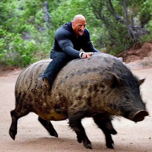 Prompt: dwayne the rock johnson riding a wild boar