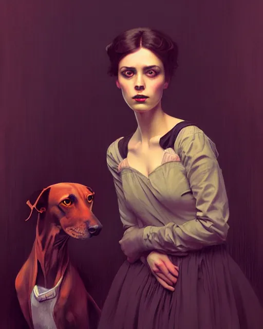 Image similar to stylized portrait by aykutmakut of an artistic pose, composition, young victorian sad fancy lady, surrounded by greyhounds, cinematic moody colors, realistic shaded, fine details, realistic shaded lighting poster by ilya kuvshinov, magali villeneuve, artgerm, jeremy lipkin and michael garmash and rob rey