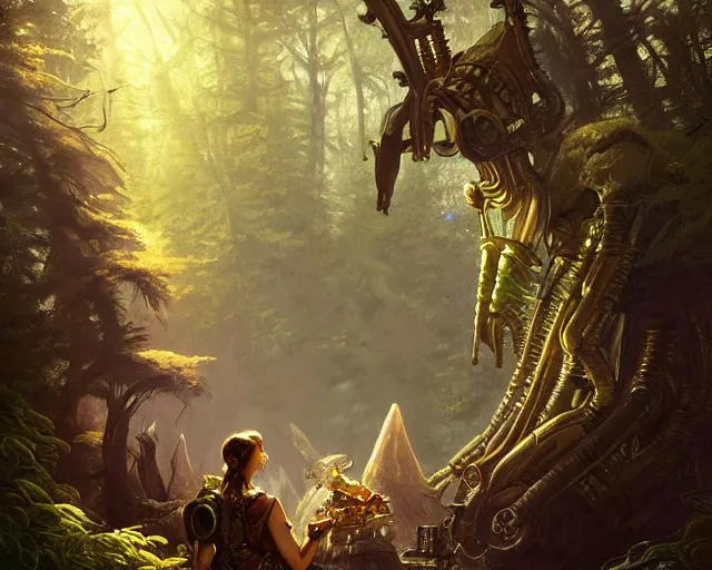 Image similar to aliens discovering technological artifact in a forest, deep focus, d & d, fantasy, intricate, elegant, highly detailed, digital painting, artstation, concept art, matte, sharp focus, illustration, hearthstone, art by artgerm and greg rutkowski and alphonse mucha