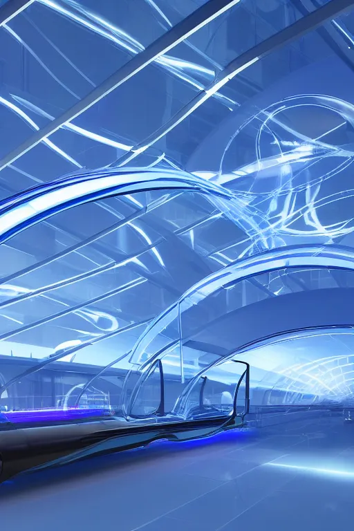 Prompt: transparent long clear dark blue plastic hyperloop by zaha hadid glowing led trip and hexagonal windows, blender with ray tracing glowing in the dark