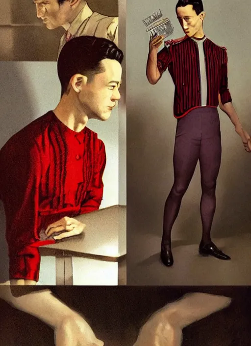 Image similar to joseph gordon - levitt wearing a 1 9 2 0 s red striped outfit, from scene from twin peaks by michael whelan, tomer hanuka, rossetti bouguereau, artgerm, retro, nostalgic, old fashioned