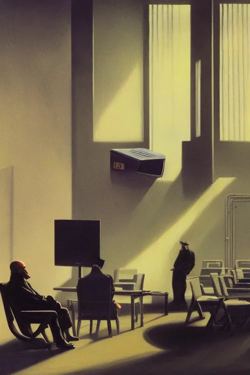 Prompt: Security guard sitting in a chair and watching an array of TV monitors while smoking a cigarette, highly detailed, soft lighting, elegant, Wayne Barlowe, Edward Hopper and James Gilleard, Zdzislaw Beksinski, Steven Outram, highly detailed