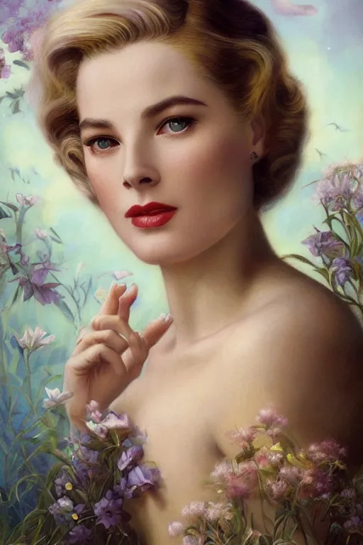 Prompt: A young and extremely beautiful Grace Kelly explaining the birds and the bees by Tom Bagshaw in the style of a modern Gaston Bussière, art nouveau, art deco, surrealism. Extremely lush detail. Perfect composition and lighting. Profoundly surreal. Lush surrealistic photorealism. Sultry expression on her face.