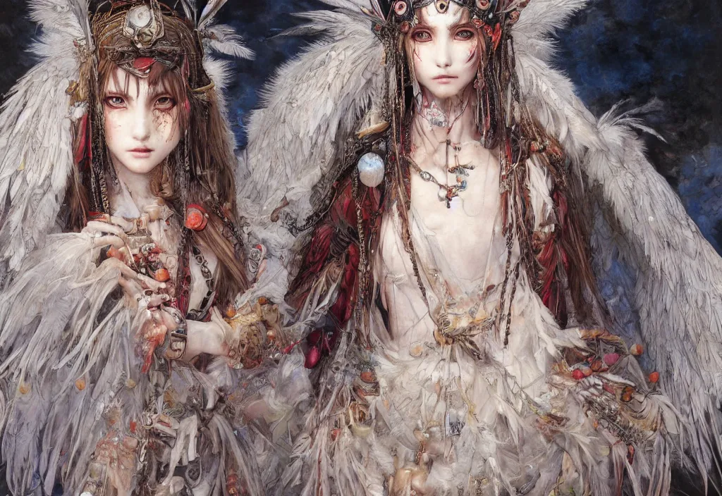 Prompt: breathtaking detailed painting of full size mononoke princess, by ayami kojima and brom, gauze angel dress, detailed realistyc symmetrical facial features, amalgamation of embers and feathers, 8 k, concept art, matte, sharp focus, rembrandt style