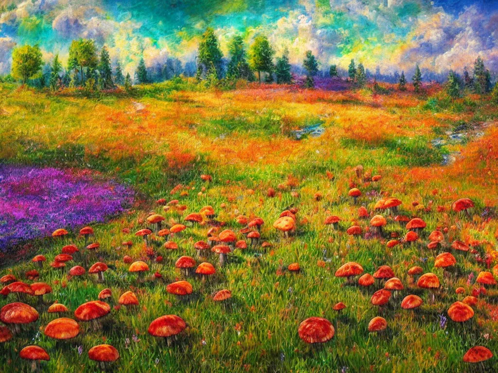 Image similar to an impressionist painting of a gorgeous meadow filled with colorful mushrooms with a stream flowing through it, psychedelic colors, colorful sky in background, high detail, trending on artstation