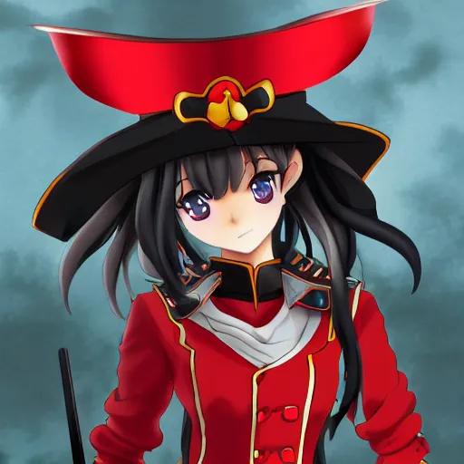 Prompt: Houshou Marine. Hololive character. Anime girl, 宝鐘マリン. Red pirate outfit and black pirate tricorn. Her hat is BLACK colored. Ahoy! Pirate girl ANIME drawing. brickred outfit colorscheme. Her name is Houshou Marine. Anime cute face. Yun Jin artist. Naoki Saito artist