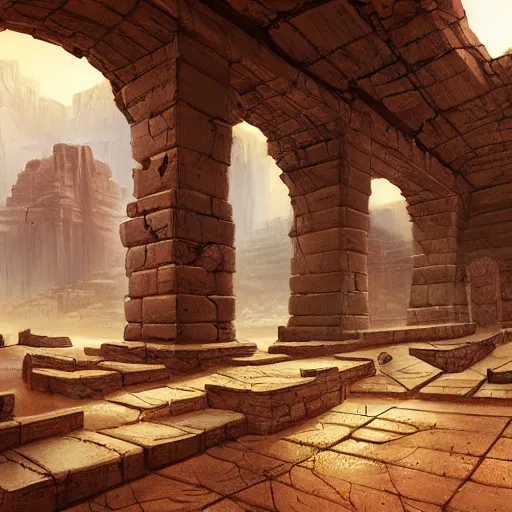 Prompt: ancient ruins under the desert, underground, forgotten, hyper realistic, by noah bradley