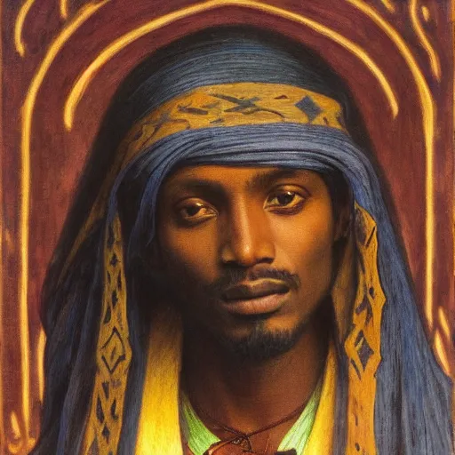 Image similar to masterpiece, somali man with long hair, sculpture from islamic civilization, by annie swynnerton and diego rivera and nicholas roerich and jean delville and charlie bowater, symbolist, dramatic lighting, god rays, art brut, rich colors, smooth sharp focus, extremely detailed, adolf wolfli and ( donato giancola and bilibin )