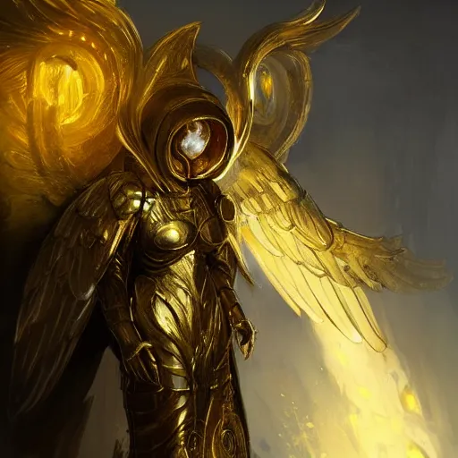 Prompt: golden armored angel, wings made of light, metal halo, no face, hooded, gold, fantasy, concept art, detailed realistic, character art by greg rutkowski