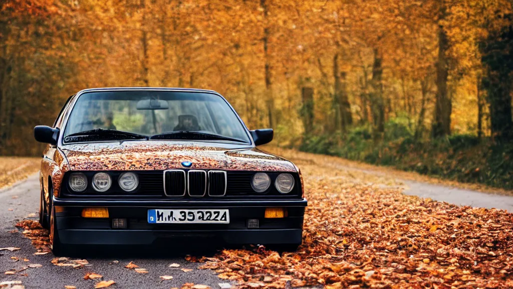 Image similar to a rear shot of a modified bmw e 3 0 driving through autumn leaves, motion blur, 3 5 mm photography, car photography, clean lines, realistic