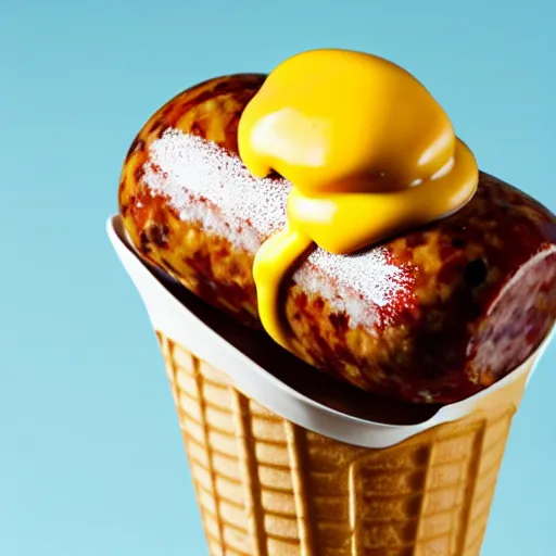 Image similar to commercial photo of a sausage ice cream, mustard, ketchup,