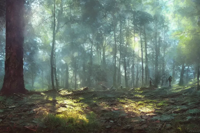 Prompt: An oil painting of a cube in a forest by Craig Mullins, dramatic lighting, realistic shadows, establishing shot, extremely high detail, artstation