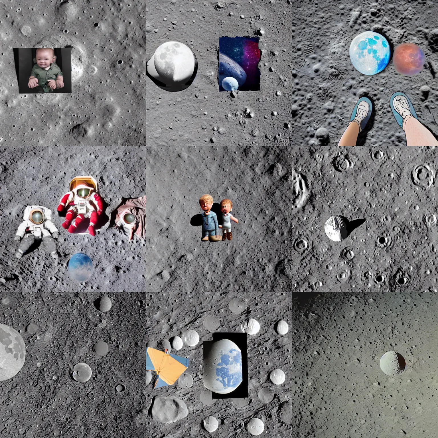 Prompt: a small colored family photo left behind on the ground of the moon. hyper realistic, hyper detailed, sharp focus