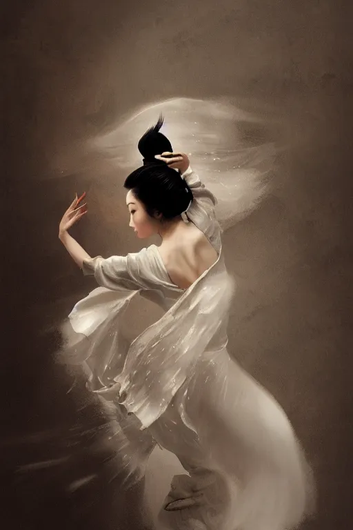 Image similar to geisha prima ballerina dancing in the wind, intricate, elegant, volumetric lighting, digital painting, highly detailed, artstation, sharp focus, illustration, concept art, ruan jia, steve mccurry