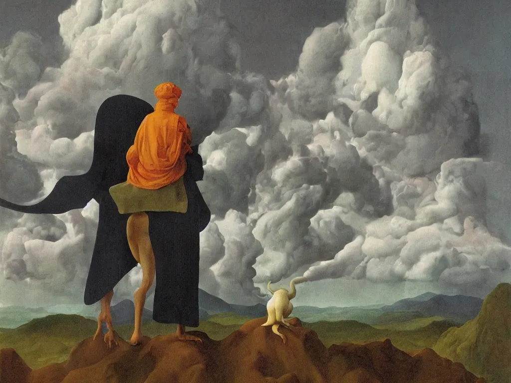 Image similar to albino mystic, with his back turned, looking at a storm over over the mountains in the distance, with dinosaur. Painting by Jan van Eyck, Audubon, Rene Magritte, Agnes Pelton, Max Ernst, Walton Ford