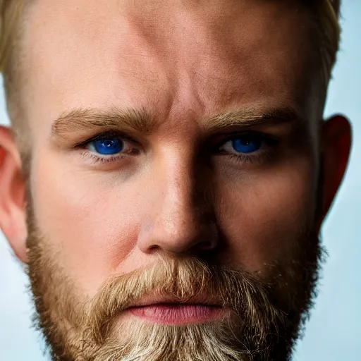 Image similar to close up of face of good looking 4 0 year old blond man with blond stubble, very short wavy blond hair in a short pompadour style, very pale skin, blue eyes, hairy shoulders, hairy chest, color portrait, 4 k