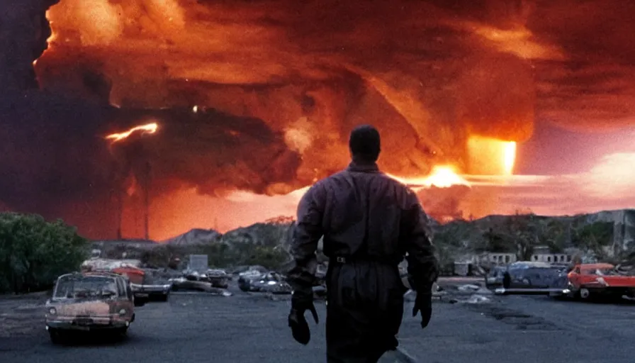 Image similar to big budget action movie about a nuclear explosion destroying a city