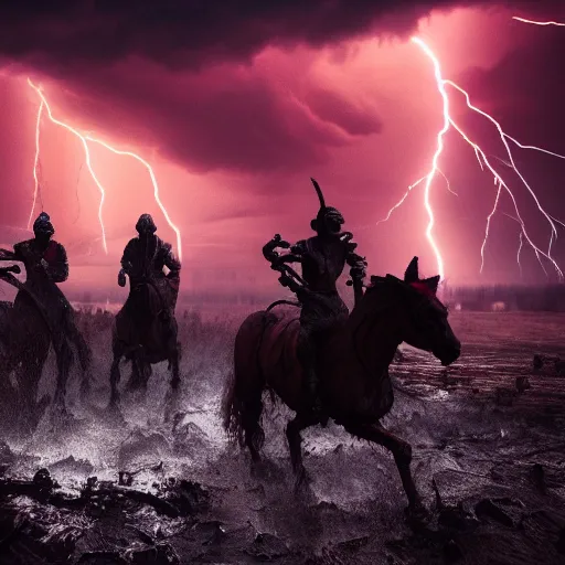 Prompt: a dramatic 85mm cinematic shot of the 4 horseman of the Apocalypse riding through storm and chaos, dramatic lightning, dark, filthy, mud, horror, trending artstation, octane render, 8k,